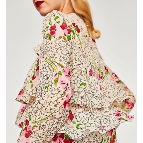 Zara Ruffled Star Floral Tie-Neck L/S Blouse M - Picture 3 of 8